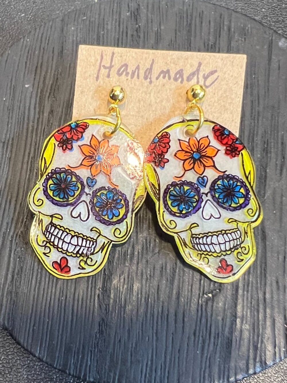 Handmade Sugar Skull Dangle Earrings, Goldtone Posts, Halloween, Day of the Dead